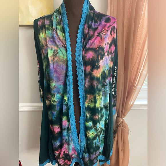 New nwt rising international tie dye embroidered Boho cardigan sz L $48 - Picture 2 of 6